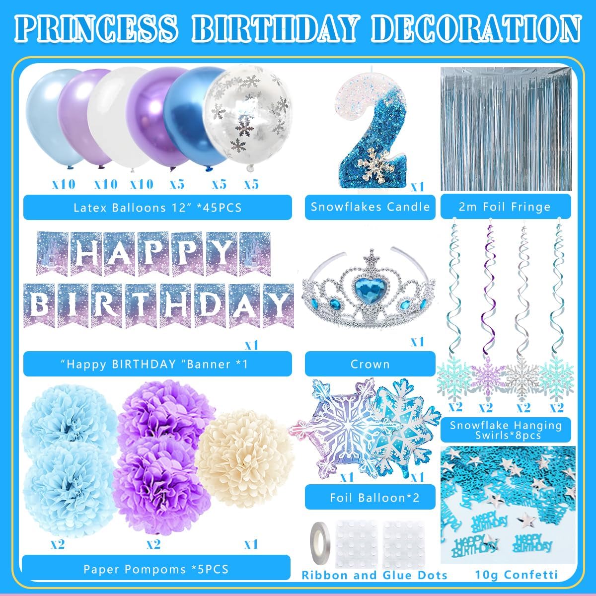 Winter Snow Birthday Decorations by [Brand Name] - 2nd Birthday Party Supplies with Balloons, Crown & Banner