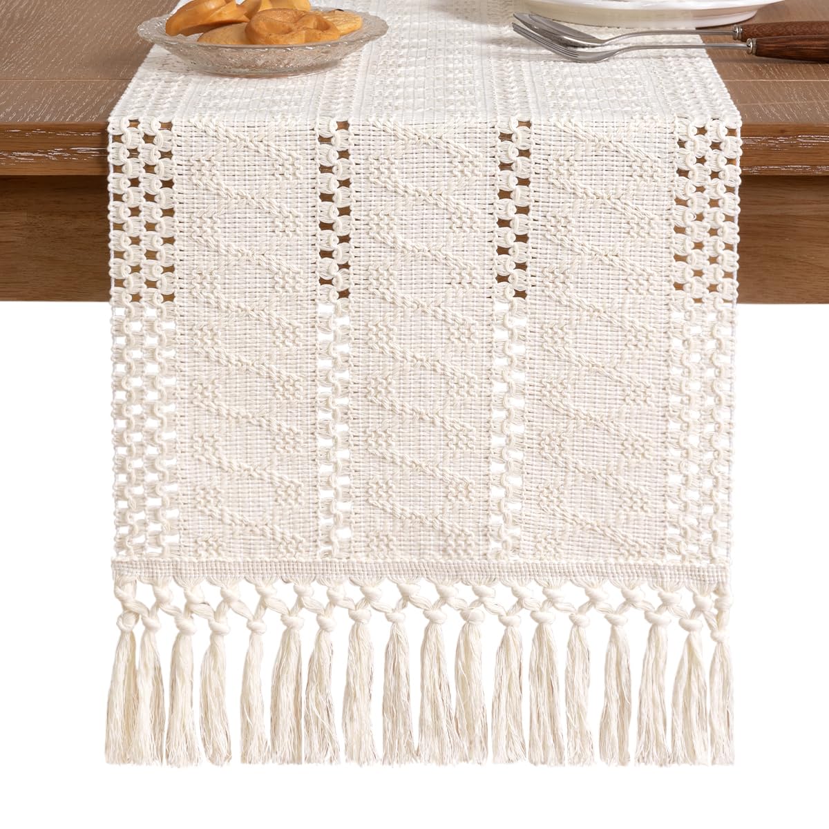 Socomi Boho Table Runner Easter Spring Farmhouse Rustic Dining Kitchen Centerpiece Decor Small Macrame Woven Cotton Linen Coffee Table Runner for Dresser Scarf Home Decor 12x48 inch Cream Ivory