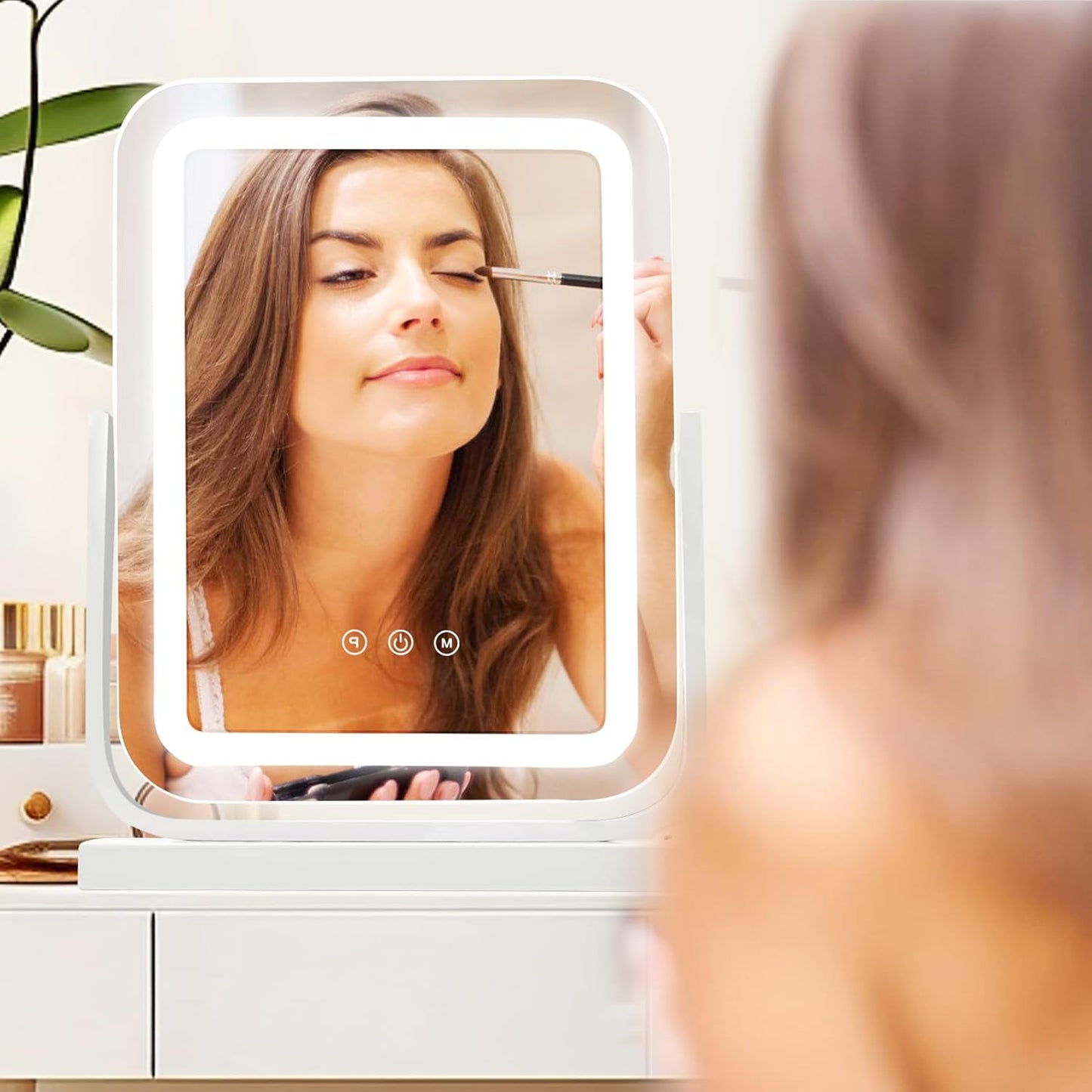 Vanity Mirror with Lights, 12"×15.5" LED Makeup Mirror with Lights, Lighted Makeup Mirror for Bedroom Tabletop, Smart Touch Control, Dimmable 3 Modes Light, 360° Rotation (White)