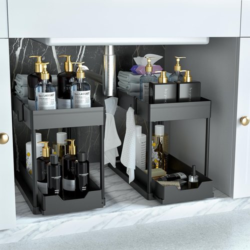 DEKAVA Under Sink Organizer - 2 Pack Bathroom Cabinet Storage Baskets | Multi-Purpose Black Design
