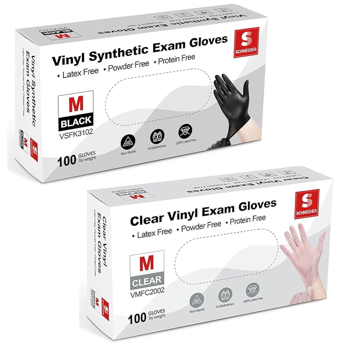 Vinyl Exam Gloves - 4 Mil Thickness | Medium Size, Black & Clear - 100 Count Each