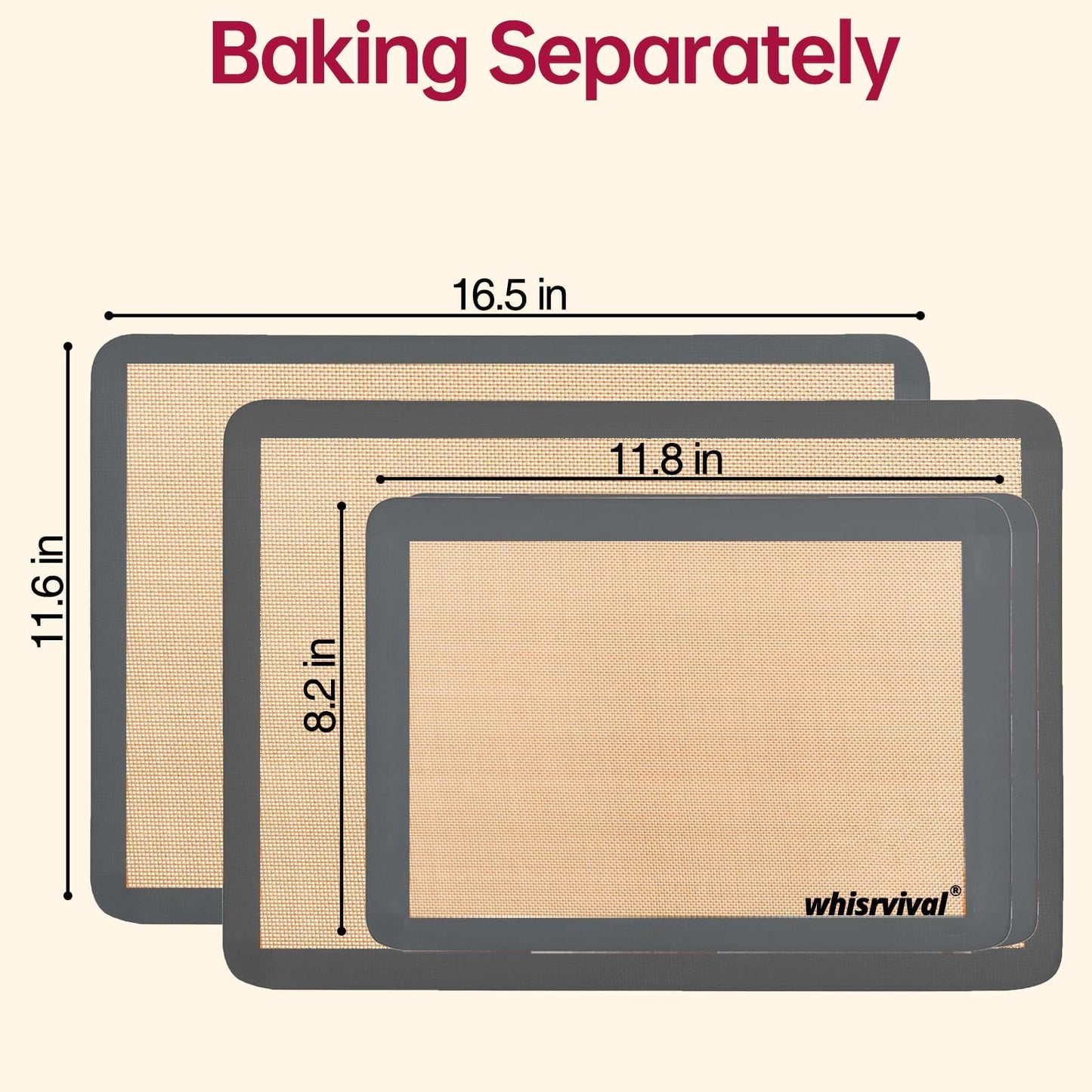 whisrvival 4 Pcs Silicone Baking Mat, Non-Stick Baking Mat, Food Safe Silicone Mats for Baking Cookies, Macarons, Vegetables, 480℉ Heat Resistant (Grey)