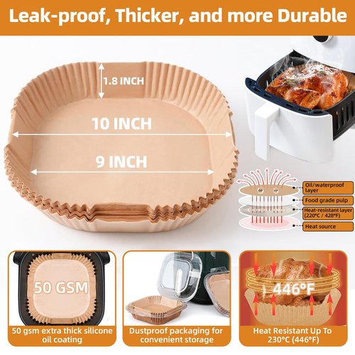 HONYAO Air Fryer Paper Liners 10 inch XXXL for 8-12 Qt Airfryer, 200pcs inch Square Thickened Disposable