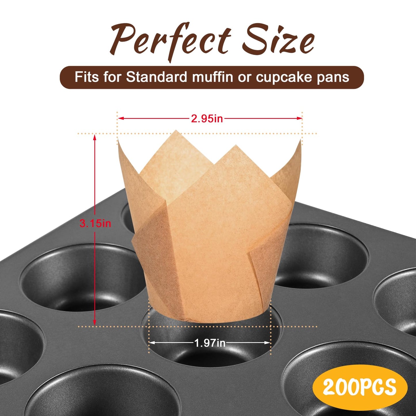 Natural Tulip Cupcake Liners for Baking 200 Cups, Unbleached Parchment paper Muffin Liners, Upgraded Standard Cupcake Wrappers, Greaseproof Cup Cake Liner, Easy to Use in Party, Birthday, Christmas
