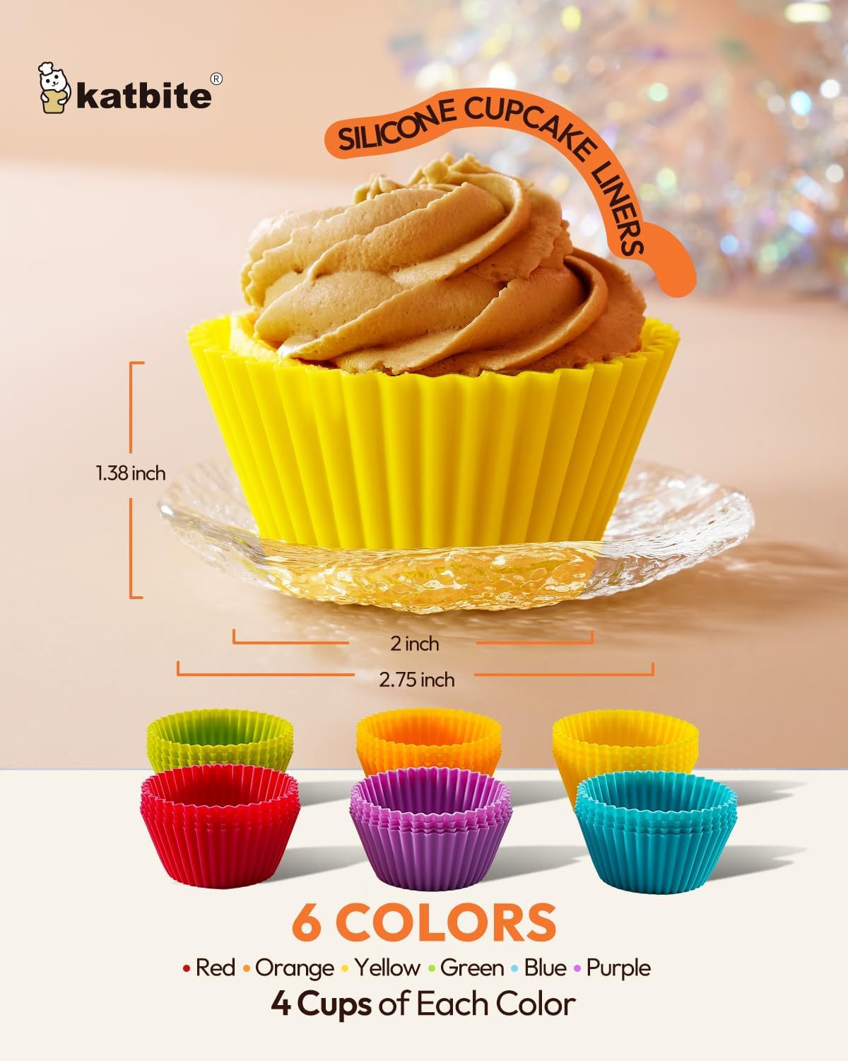 Katbite Silicone Cupcake Liners - 24 Pack Non-Stick Muffin Molds | Heavy Duty Multicolor Baking Set