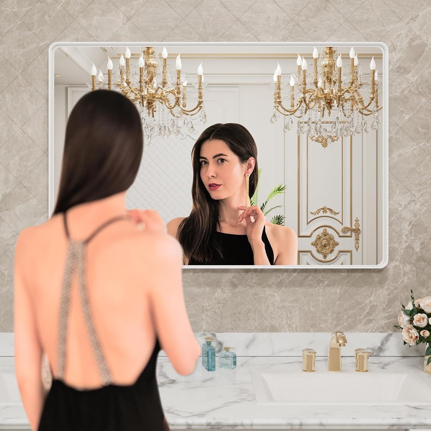 LOAAO Bathroom Mirror - 48x30 Inch White Metal Framed Rounded Rectangle | Anti-Rust Tempered Glass