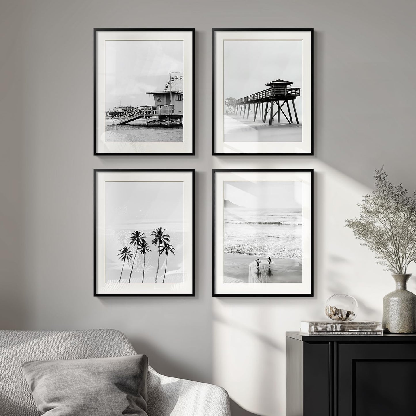 Framed Window Beach Wall Art for Living Room, Large Coastal Tropical Landscape Canvas Print, Blue Ocean Relaxing Summer Seascape Horizontal Picture Artwork for Bedroom Office Wall Decor, 24x48 Inch