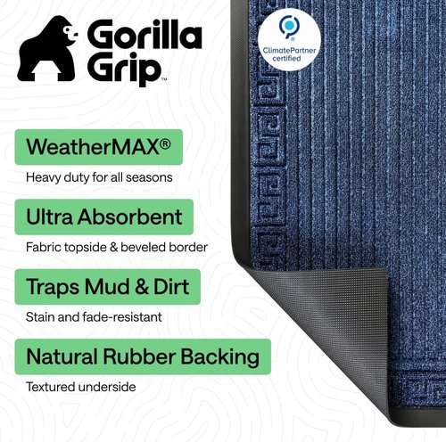 GORILLA GRIP Waterproof All-Season WeatherMAX Doormat - 35x23 Natural Rubber, Stain & Fade Resistant, Easy Clean, Navy Greek Keys