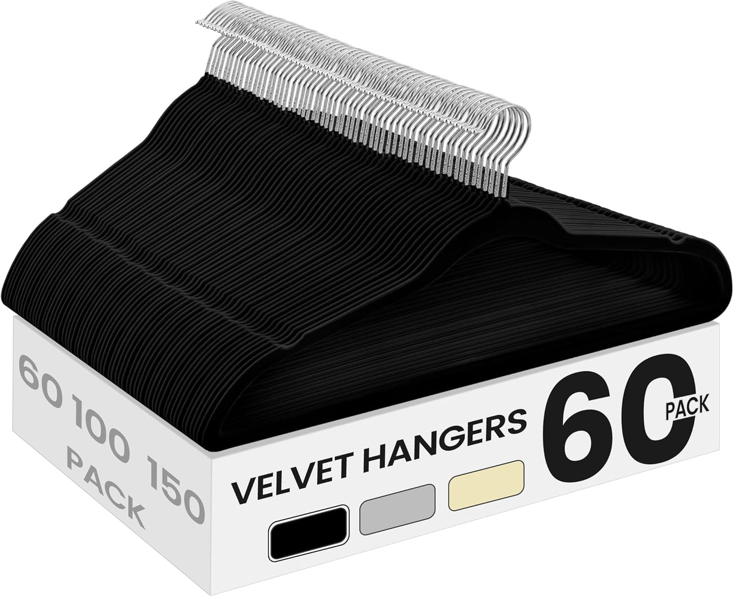 SONGMICS Velvet Hangers - 60 Pack Non-Slip Clothes Hangers with Silver Swivel Hooks | Slim Heavy-Duty Black