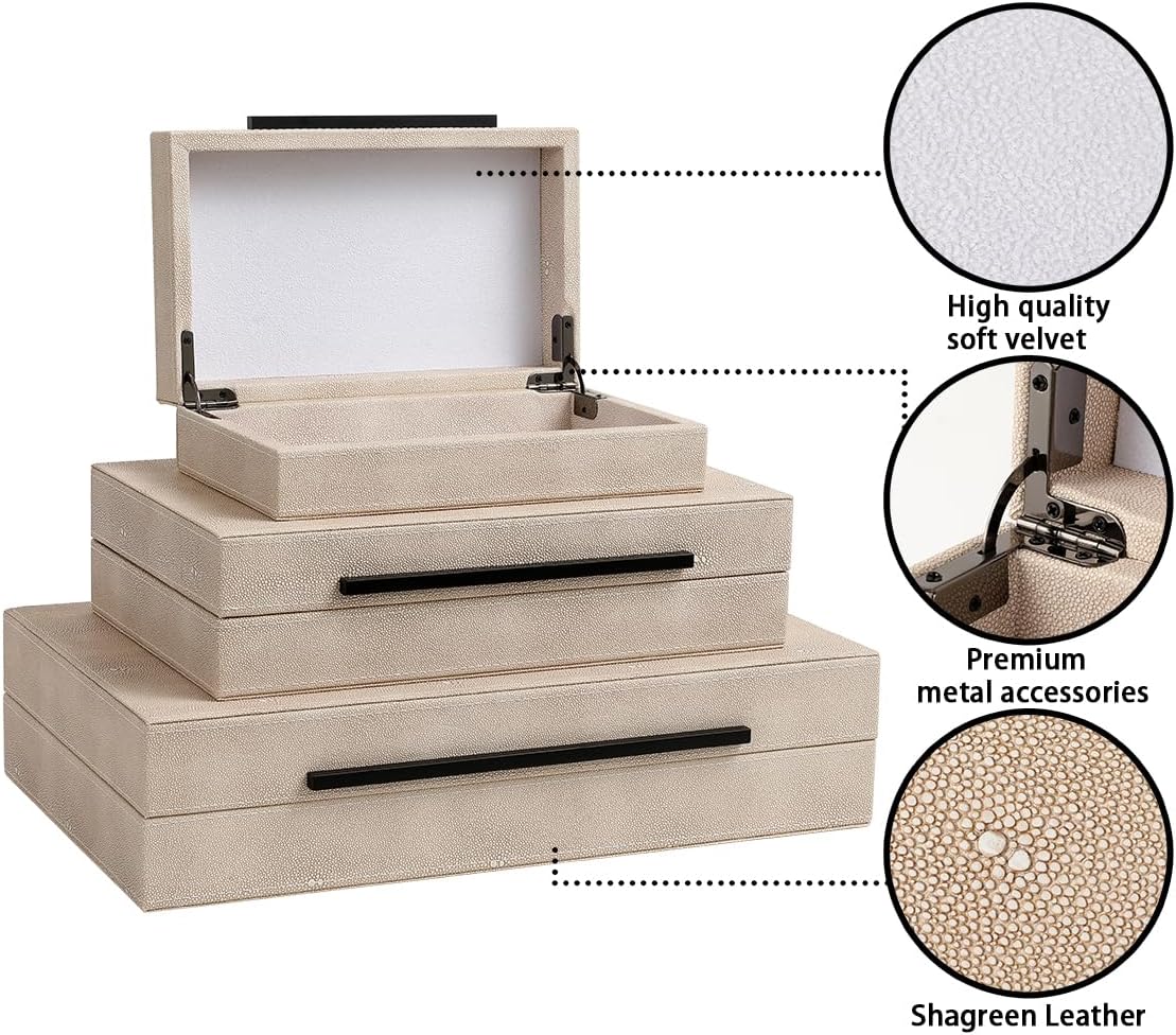 Skiennix Decorative Boxes - Set of 3 Faux Leather Storage Boxes with Lids | Modern Ivory Organizer for Home Decor