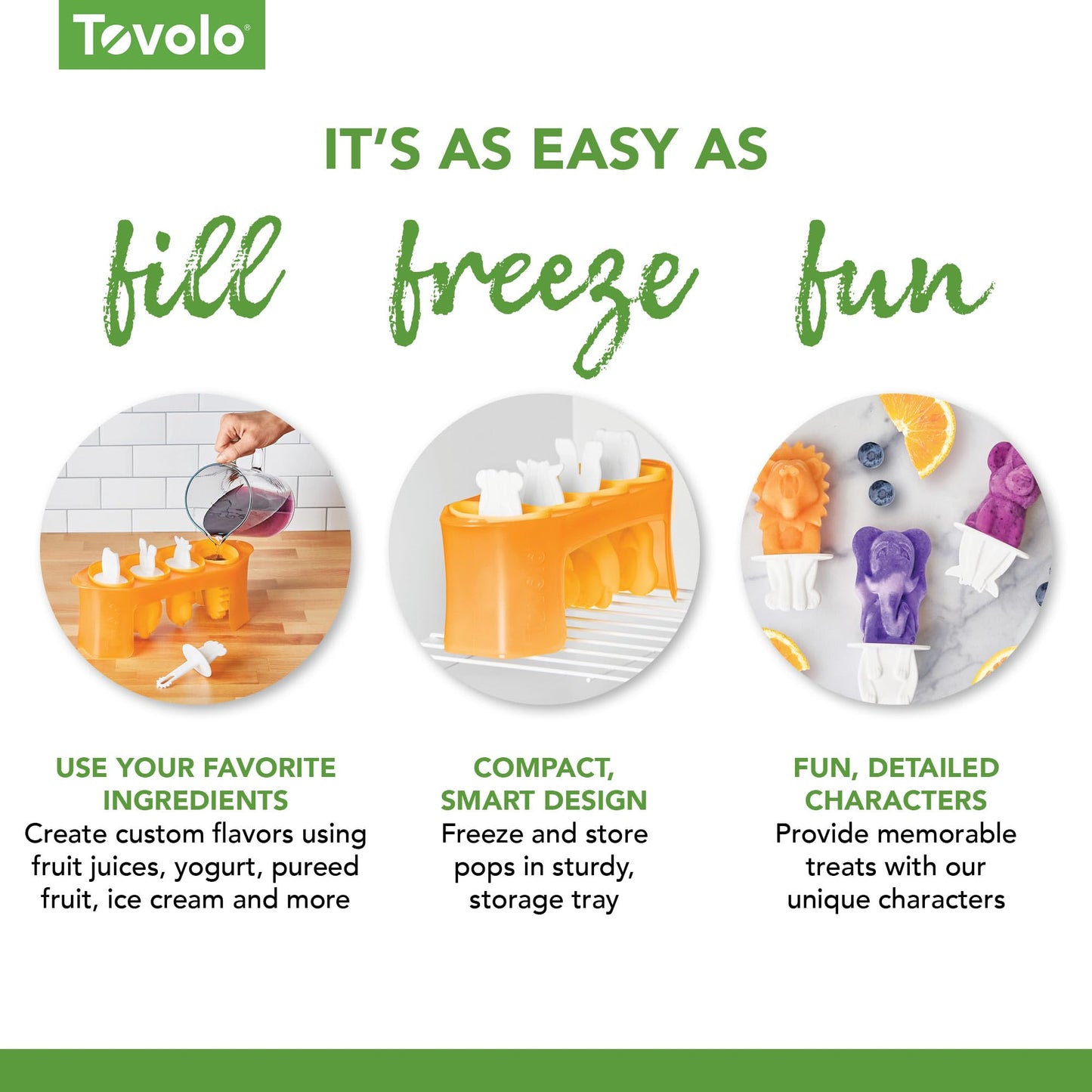 Tovolo Animal Popsicle Molds Zoo Crew Set of 4 Reusable Popsicle Molds with Sticks Bear Lion Monkey Elephant, BPA Free Silicone Pop Maker for Kids, Dishwasher Safe Animal Ice Molds for Frozen Treats
