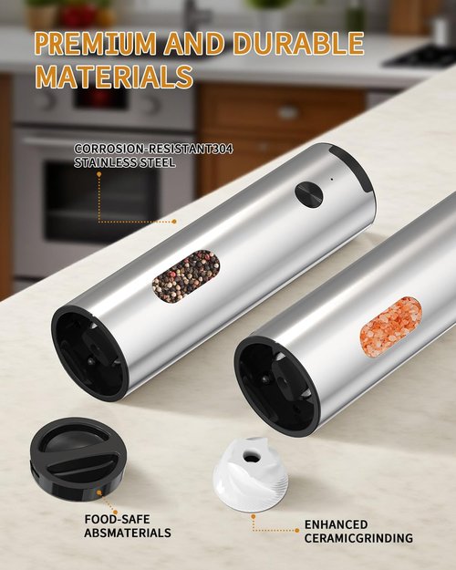 CIRCLE JOY Electric Salt and Pepper Grinder Set - Rechargeable Stainless Steel Mill with LED Light & Adjustable Coarseness | 110ML Top-Fill
