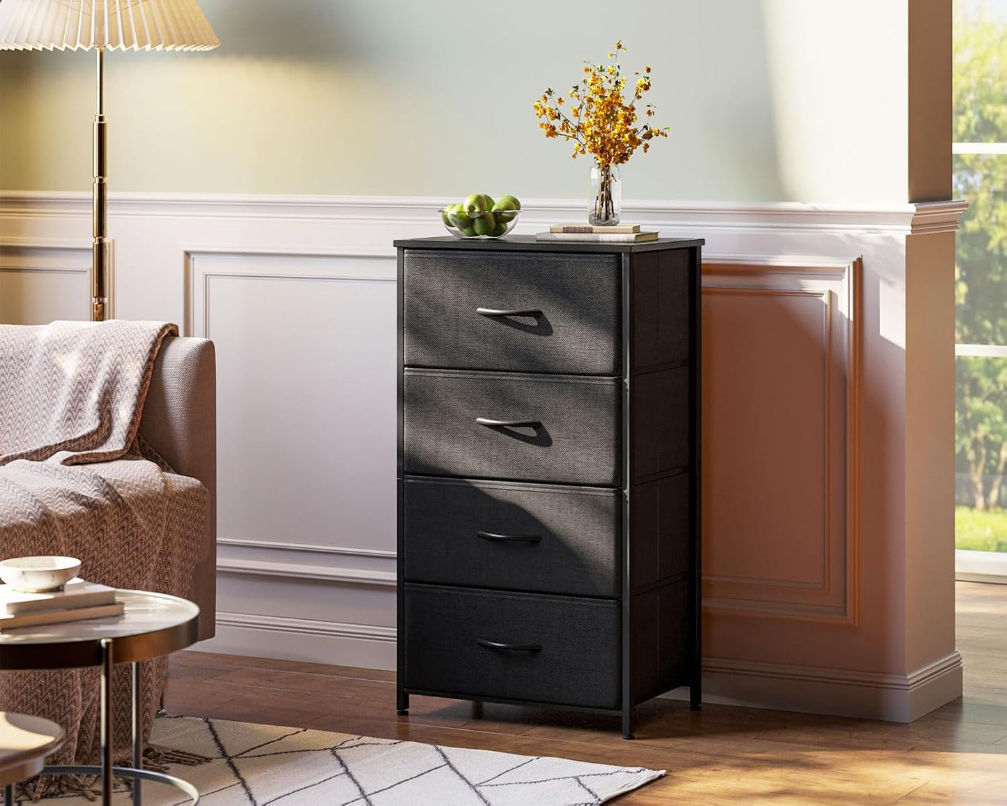 AODK Dresser - 4 Drawer Fabric Chest with Sturdy Steel Frame - Stylish Black Bedroom Storage