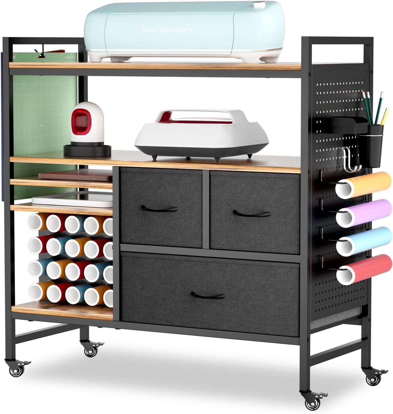 PUNLUXU Vinyl Roll Holder & Craft Organizer - Compatible with Cricut Machines | Rolling Storage Table PU-03