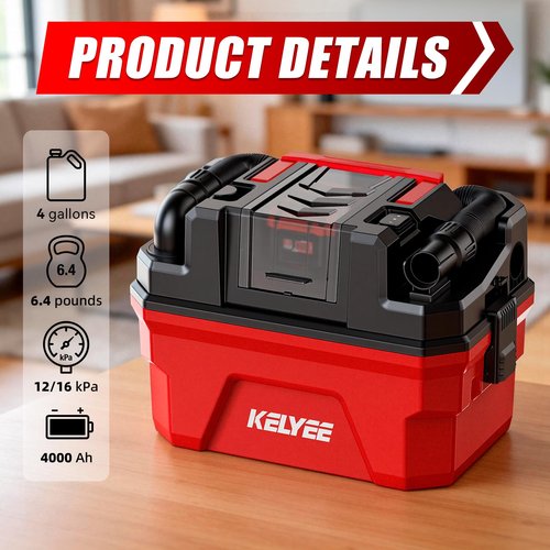 Cordless Shop Vac - 4 Gallon Small Shop Vac Wet and Dry with Accessories, 2 x 4.0Ah Batteries Wet Dry Vacuum, Ideal for Garage, Car, Workshop (Red)