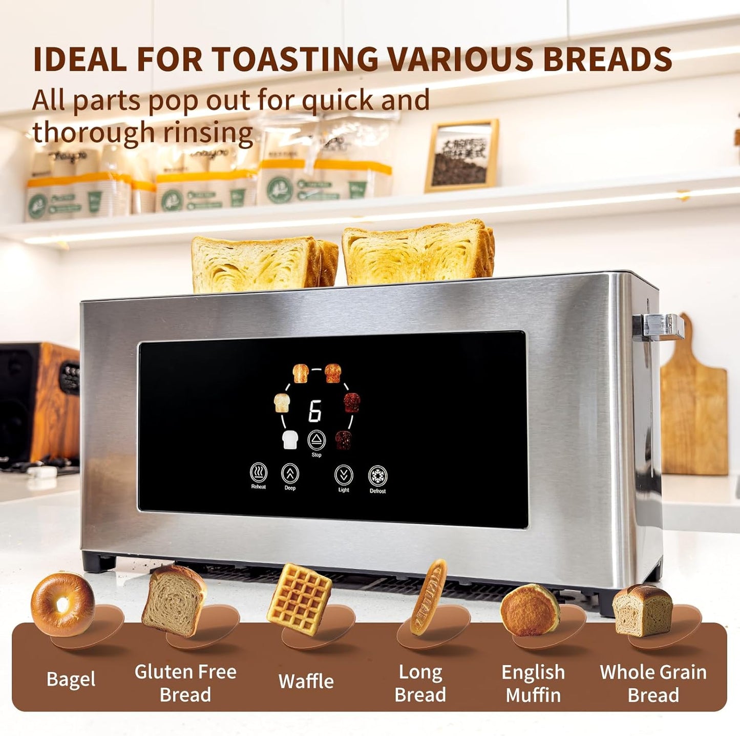 Touch Screen Toaster - LCD Display, 2 Slice Design with 10" Long Slot for Baguettes & 6 Browning Levels