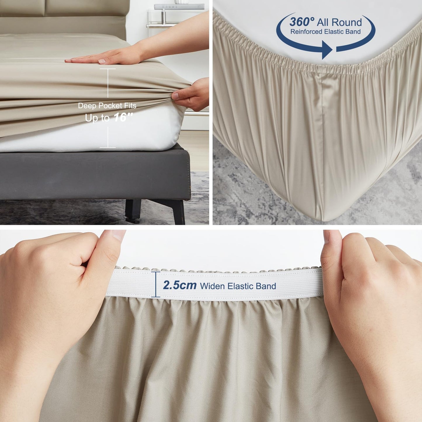 David's Home 6PCS Cooling Sheets Set Queen Size, 100% Rayon Derived from Bamboo, 16" Deep Pocket 2.5cm Wider Elastic, Luxury Silky Breathable for Hot Sleeper,Breathable Smooth Soft, Light Taupe