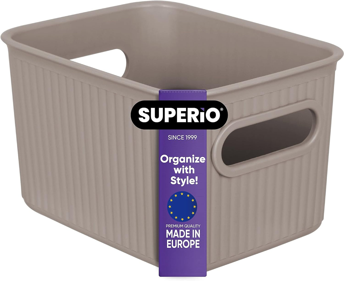 Superio Ribbed Collection - Small Taupe Decorative Plastic Storage Basket | 1.5 Liter Organizer for Home