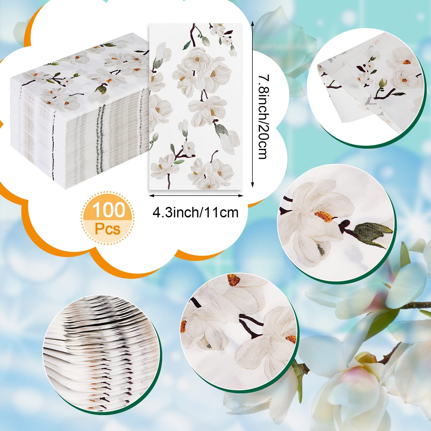 Outus 100 Pcs Floral White Magnolia Paper Guest Towels 2 Ply with Acrylic Napkin Holder, Disposable Decorative Paper Towels 4.3 x 7.8 Inches Hand Napkins with Tray for Bathroom Powder Room