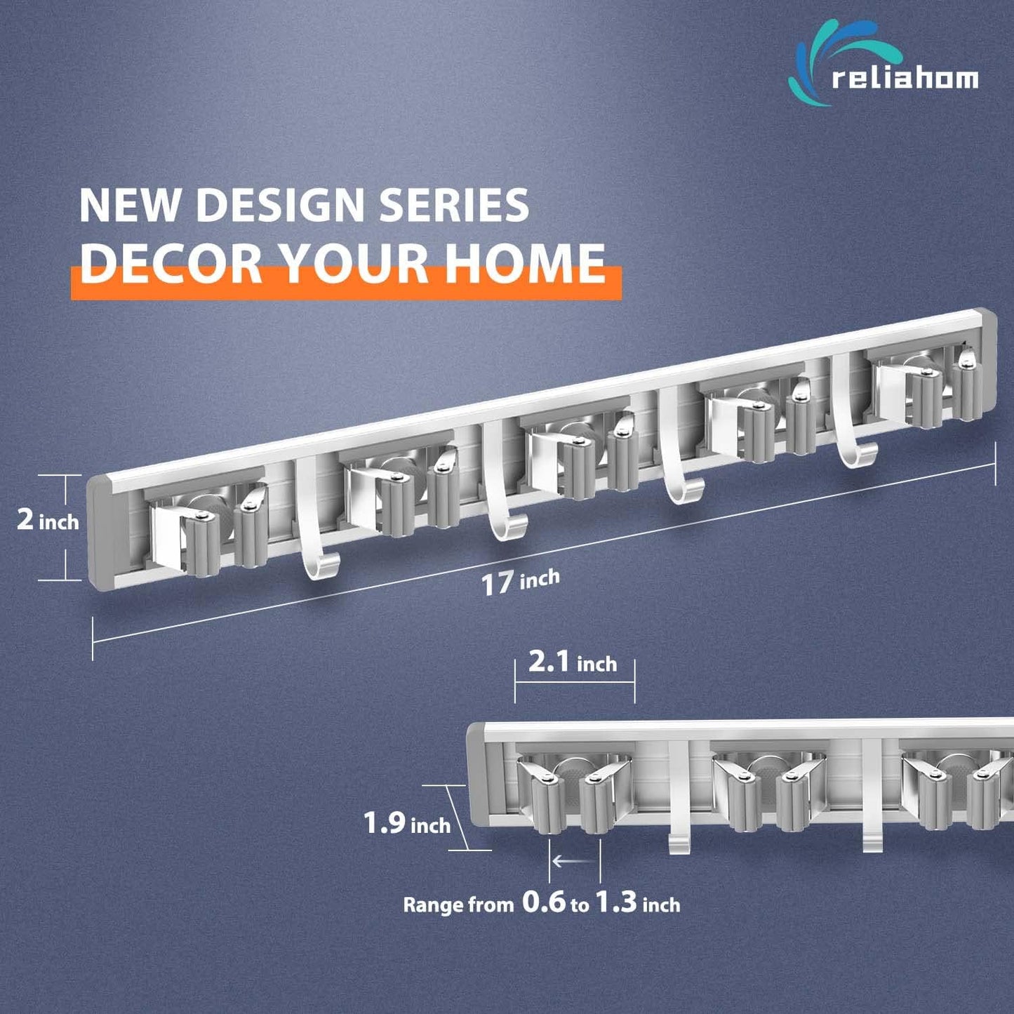 Reliahom Broom Holder Wall Mount - 2 Pack with 5 Racks & 4 Hooks for Garage, Kitchen, Garden, Laundry Room