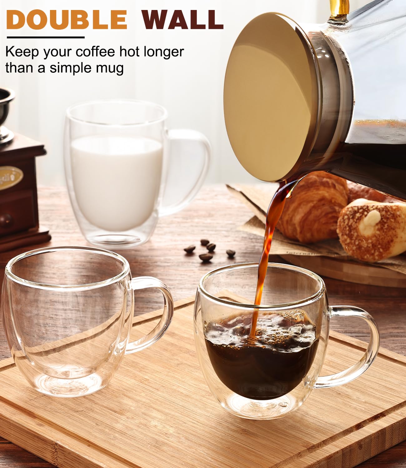 Potdoctor Espresso Cups Set of 4,5oz Hand Blown Double Walled Insulated Espresso Coffee Mugs with Handle,Perfect for Cappuccino, Latte, Tea, Clear Glass Espresso Shot Cups Suitable for Coffee