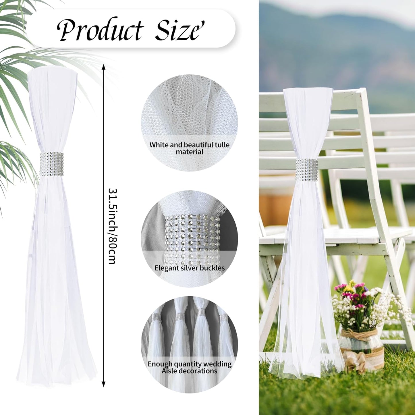 Skiennix 26 Sets Large White Pew Bows - Tulle Wedding Aisle Chair Decorations for Outdoor Ceremonies