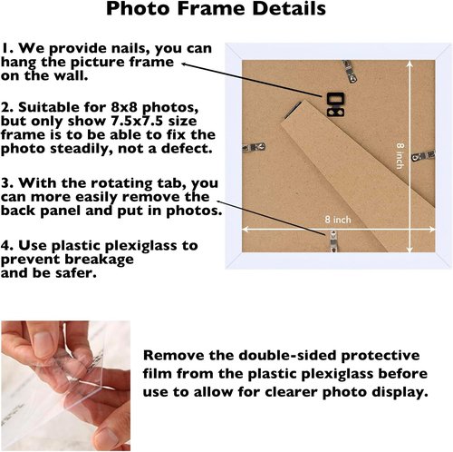 JCJMY 8x8 Picture Frame - White Wall Hanging & Tabletop Display | Durable Shatter-Resistant Plexiglass