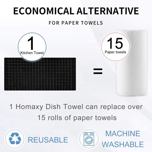 Homaxy 100% Cotton Terry Kitchen Towels(Black, 13 x 28 inches), Checkered Designed, Soft and Super Absorbent Dish Towels, 24 Pack