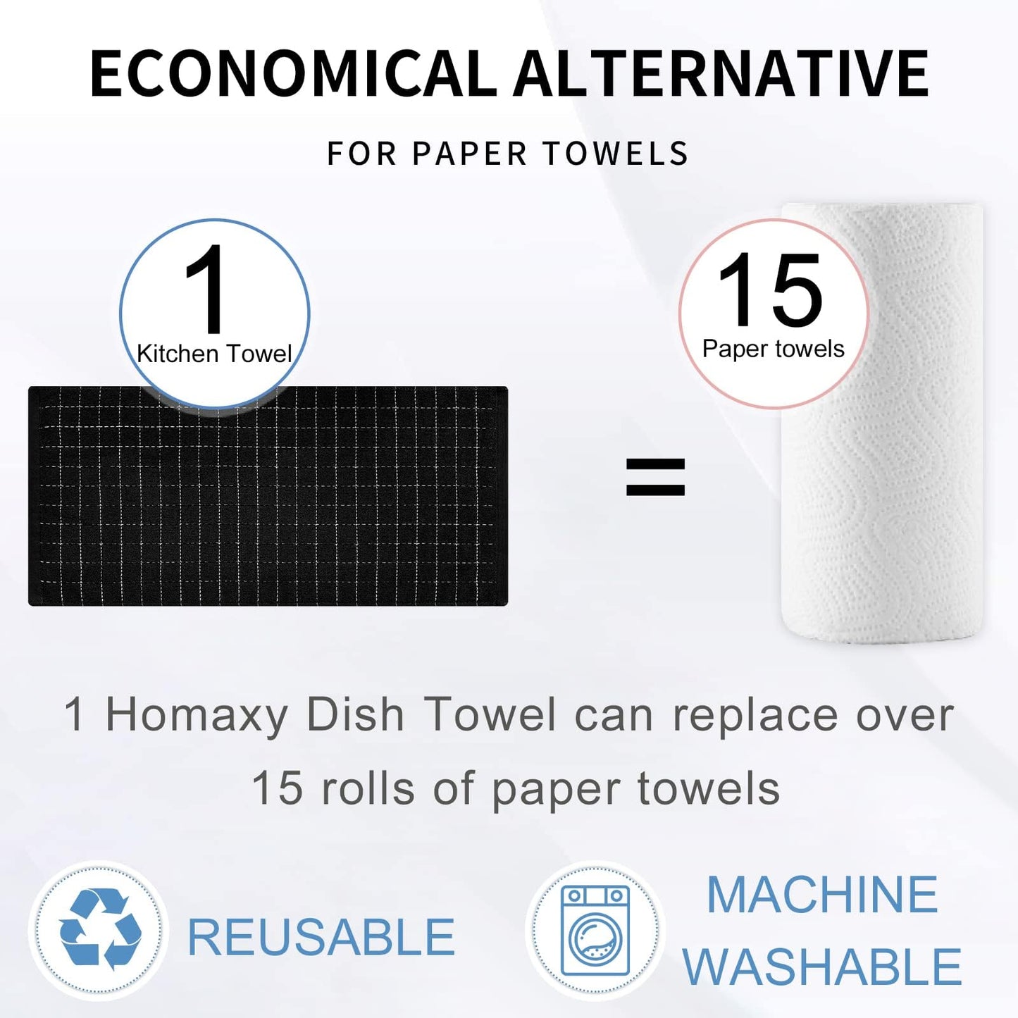 Homaxy 100% Cotton Terry Kitchen Towels(Black, 13 x 28 inches), Checkered Designed, Soft and Super Absorbent Dish Towels, 8 Pack