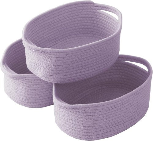 JMvicyroam Woven Basket - Small Rope Storage Bin with Handles | Versatile Organizer for Shelves & Closets - Purple, 3 Pack