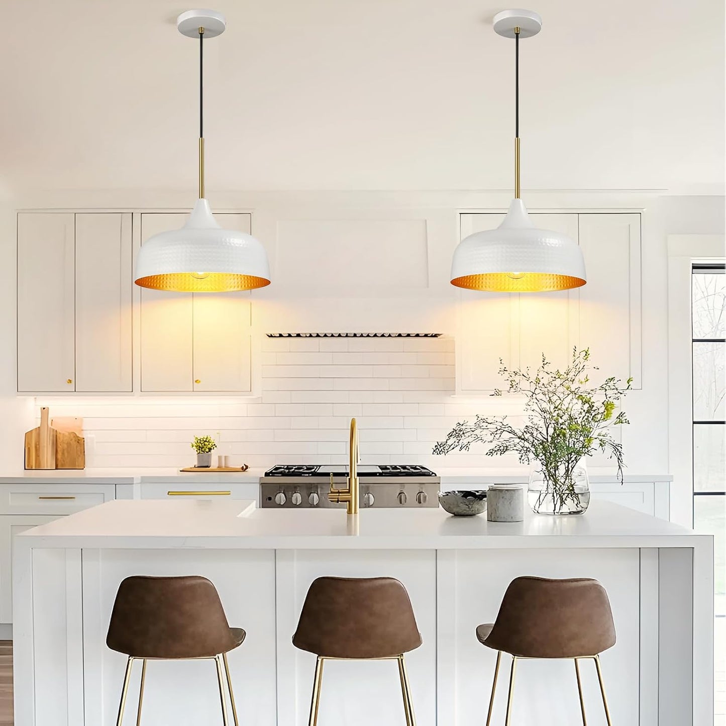 12" Hammered Metal Pendant Light, Farmhouse Pendant Light Fixtures, Hanging Light Fixture for Kitchen Island, Dining Room, Sink, Hallway, White