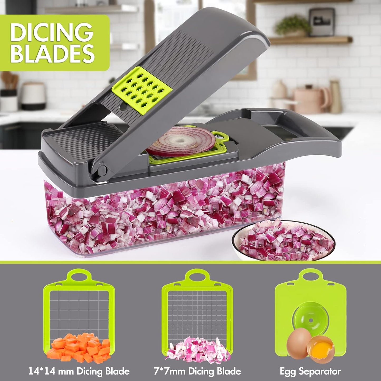 Ourokhome Vegetable Chopper - 12-in-1 Professional Mandoline Slicer with 8 Blades & Strainer Basket - Gray