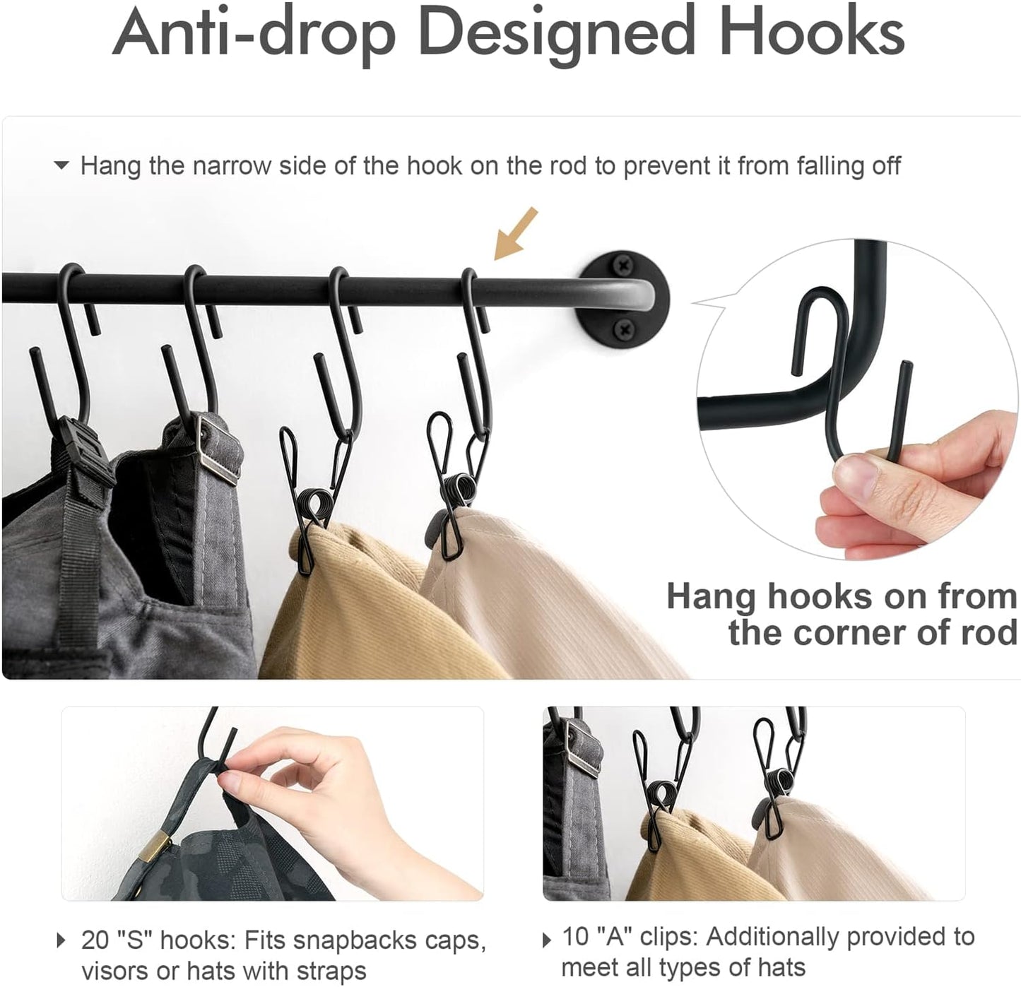 Mkono Hat Rack - Wall-Mounted Baseball Cap Organizer with 20 Hooks | Modern Metal Design, Set of 2 Black
