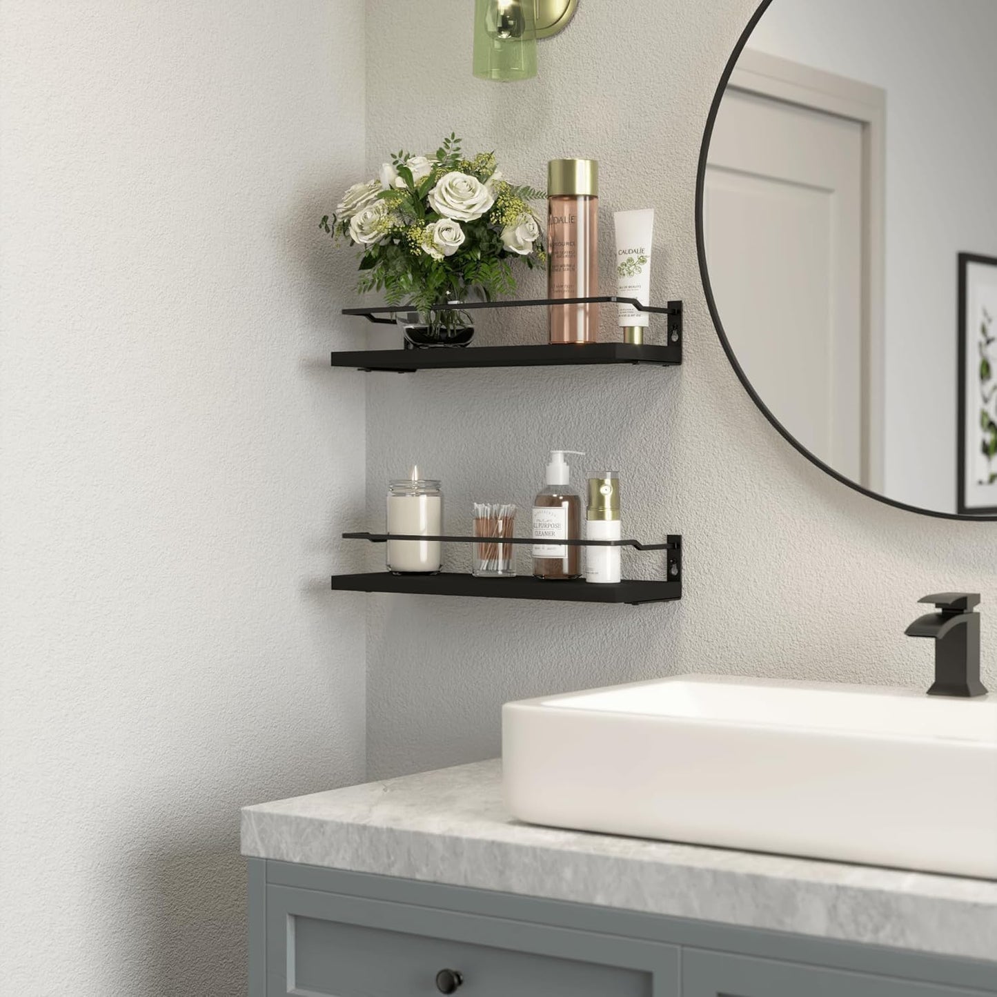 RICHER HOUSE Black Floating Bathroom Shelves - Over Toilet Storage Organizer with 2 Shelves