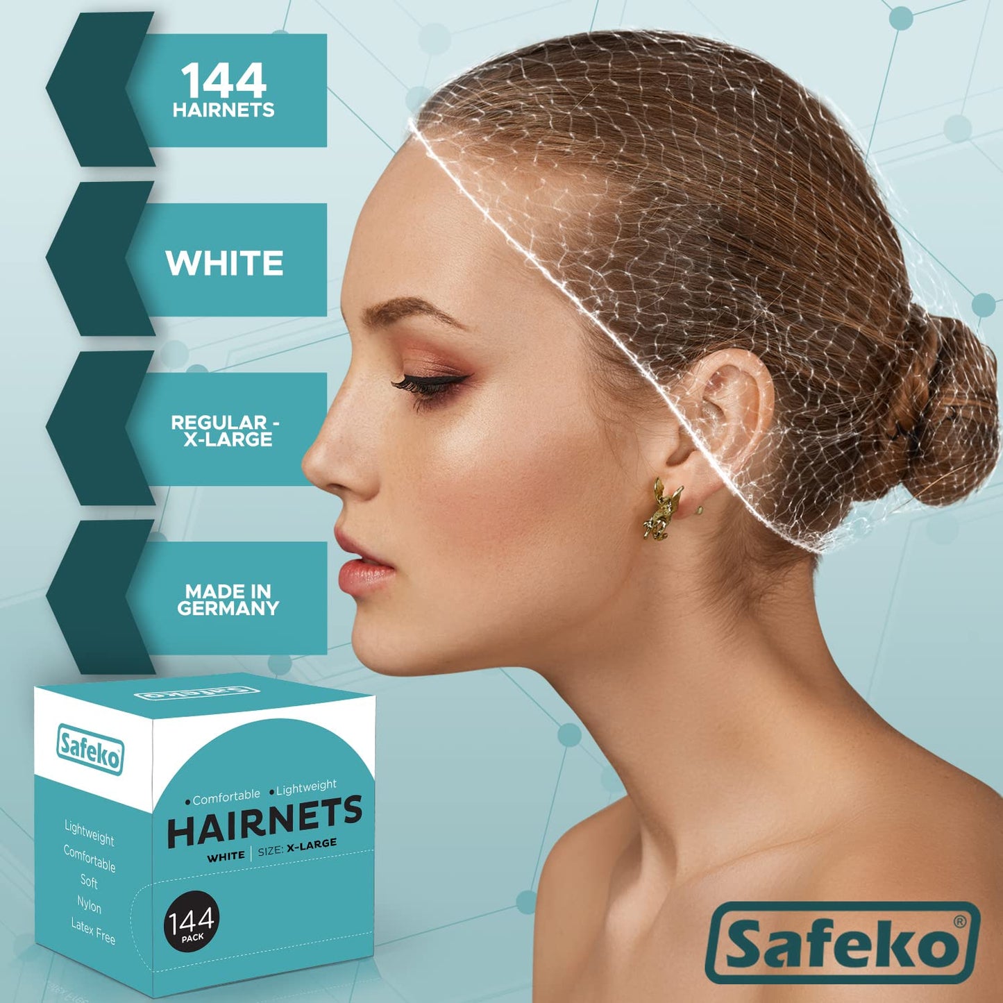 SAFEKO Hair Nets 144 PCS, Individually Wrapped, Lightweight Nylon Hairnets, Latex-Free | White, Large (24")