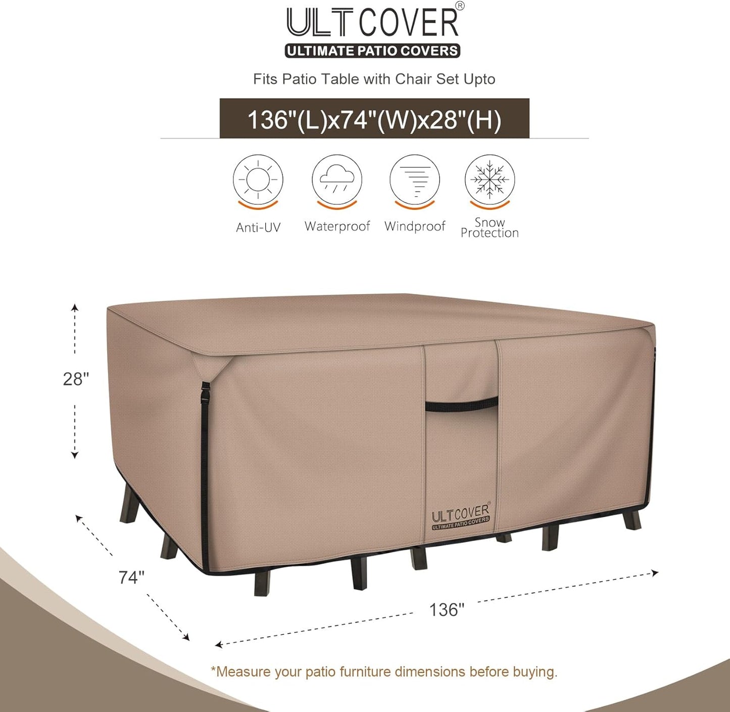 ULTCOVER Rectangular Patio Table Cover - Heavy Duty Waterproof 600D Canvas | Fits 136L x 74W x 28H Inch