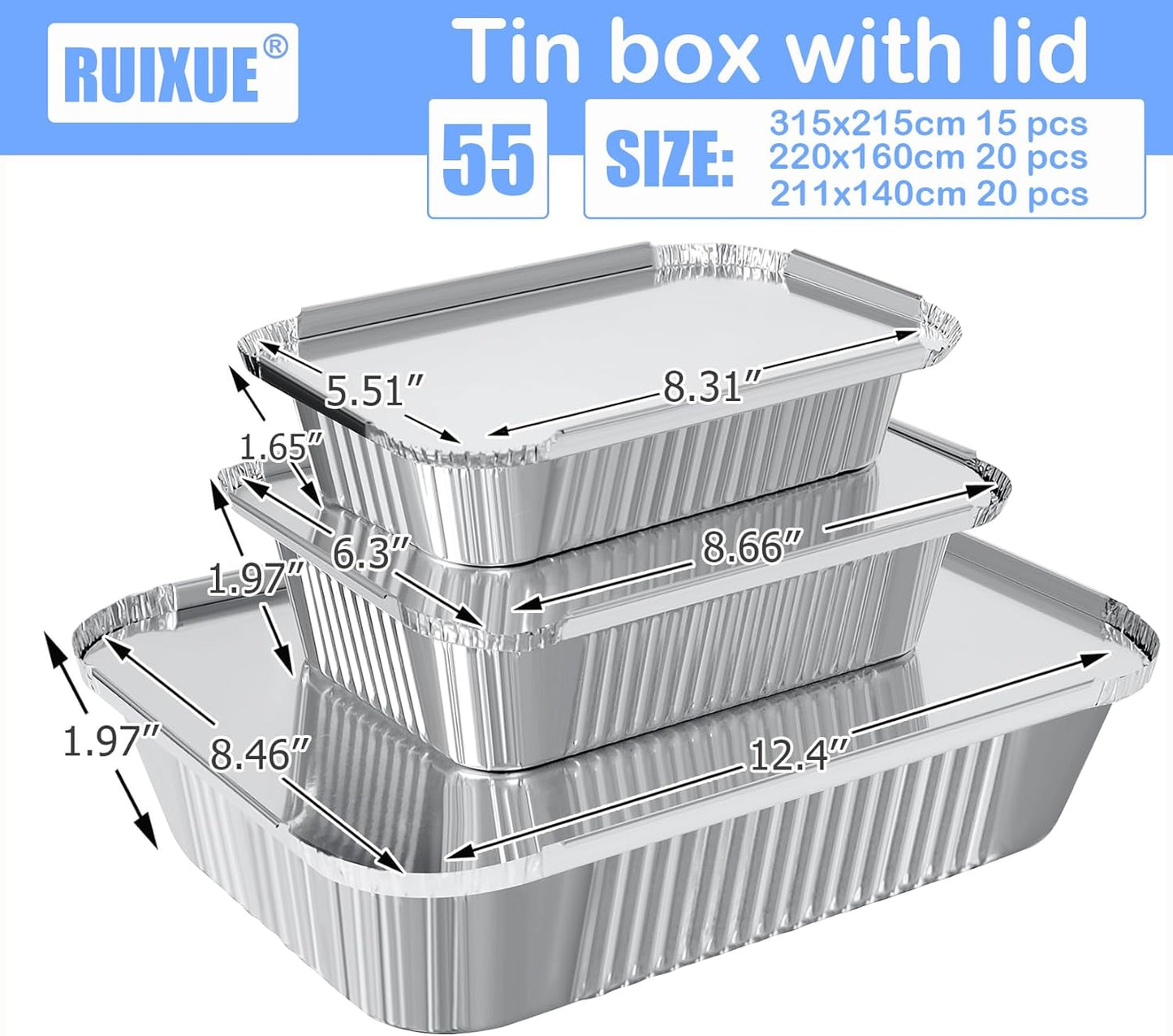 Notwoe® Disposable Aluminum Baking Pans - 55 Pack With Lids | 12x8, 8x6 & 8x5 Square Combo Set