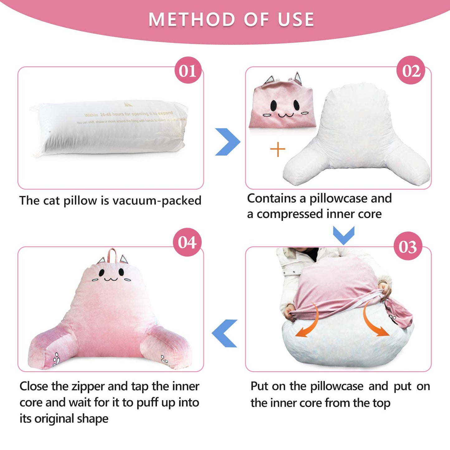 SUNSIDE Kitty Reading Pillow,Detachable Back with Arms for Sitting Up Bed