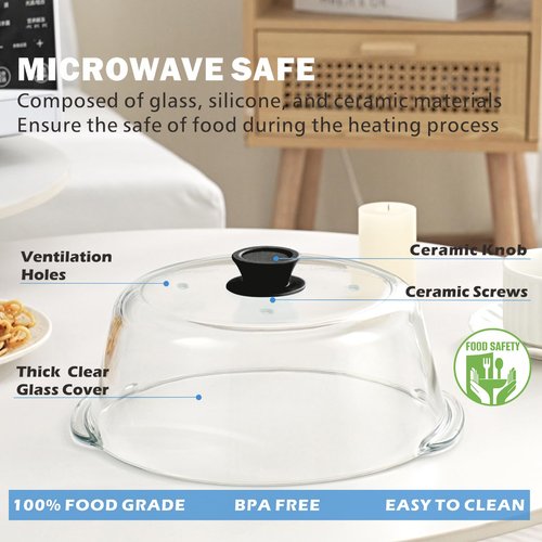 Glass Microwave Splatter Cover with Glove & Mat for Food 10in Glass Plate Cover with 4 Vents Non Plastic Microwave Cover with Easy Grip Silicone Knob BPA Free Food Grade Dishwasher Safe Heavy Duty
