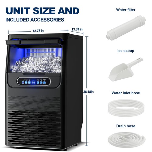 Ice Maker Commercial Ice Machine 110Lbs/Day Freestanding Stainless Steel Upon Counter Ice Maker with Scoop Water Filter Pipes for Restaurant Offices Bars Home (110 Lbs/24H)