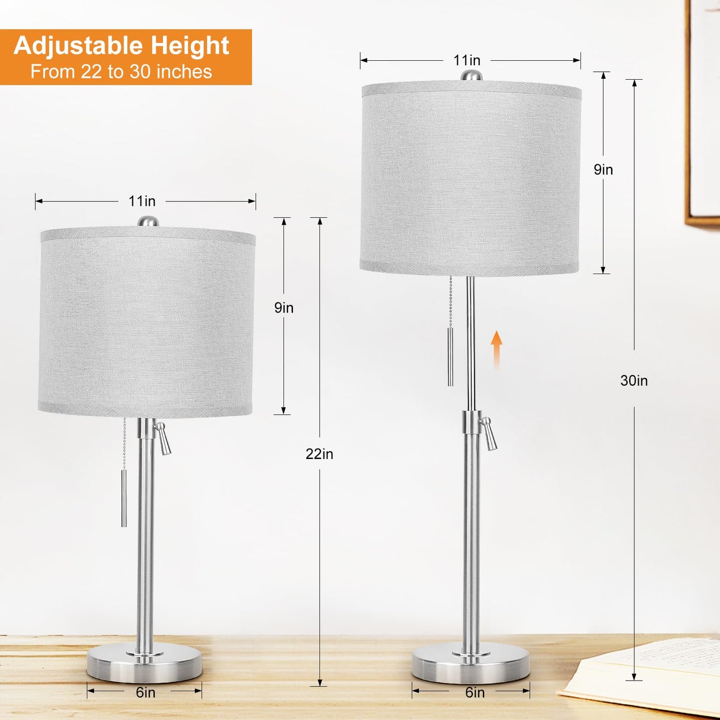 Brushed Nickel Table Lamps Set of 2: 22" to 30" Height Adjustable Nightstand Lamps with Grey Linen Shade Pull Chain Switch Silver Pole Beside Lamp for Living Room Bedroom (Brushed Nickel,Grey Shade)
