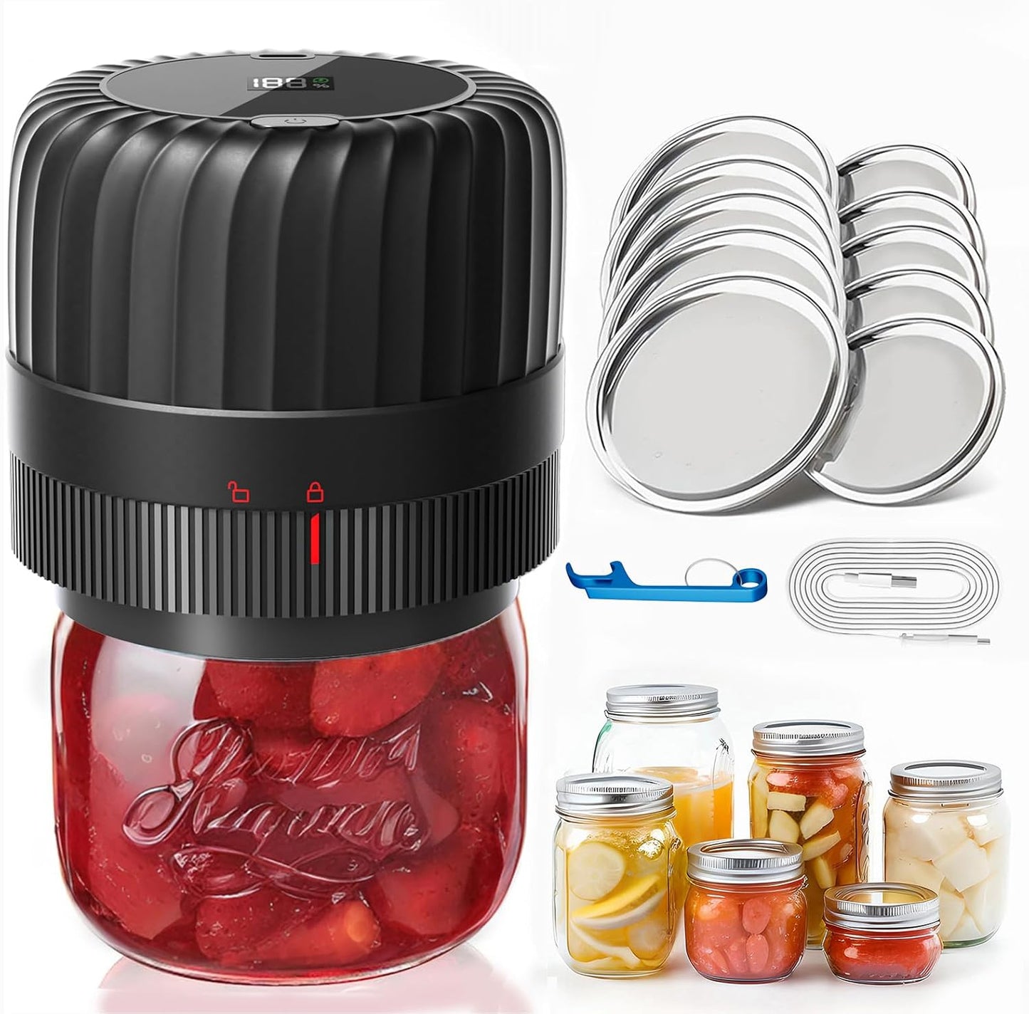 Skiennix Electric Mason Jar Vacuum Sealer Kit - Food Saver for Wide & Regular Jars | Includes 10 Lids