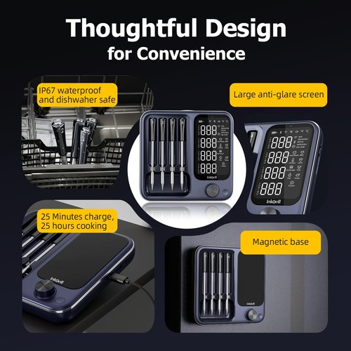 InkGrill Wireless Meat Thermometer with APP Control，4 Probes Meat Thermometer Digital, Unlimited Range WiFi & Bluetooth Meat Thermometerfor for Rotisserie，Grill，Oven，Smoker，BBQ, Air Fryer
