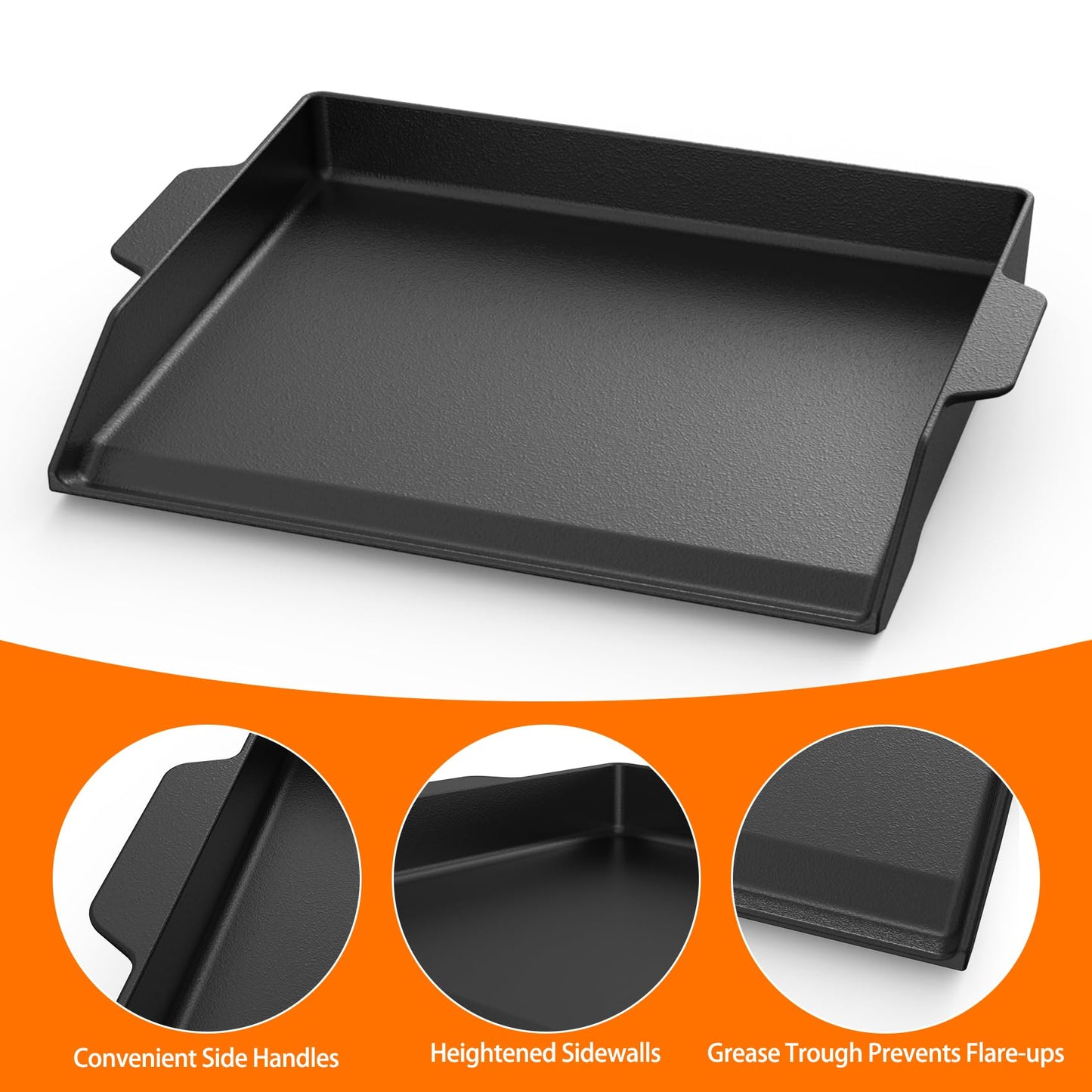 Onlyfire Universal Cast Iron Griddle for Gas Grills and Range Oven, Non-stick BBQ Flat Top Griddle with Handles for Outdoor Cooking, Tailgating, 18.6" × 14"