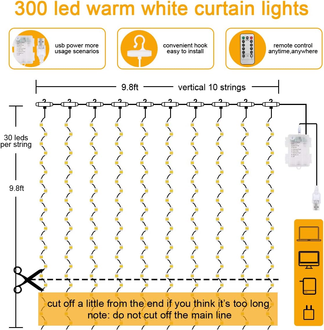 Vicloon Fairy Curtain Lights - 300 LED Warm White String Lights | 9.8x9.8Ft Waterproof with Remote Control