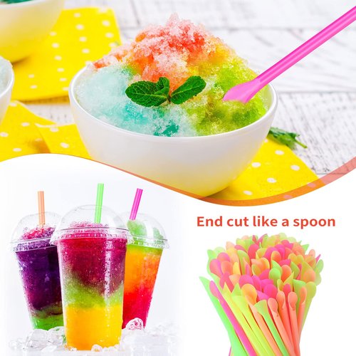 Eaasty 1000 Pcs Snow Cone Spoon Straws, Flexible Plastic Flexible Disposable Drinking Straws, Disposable Plastic Sip Stir Sticks (Yellow,Green,Orange,Rose Red)