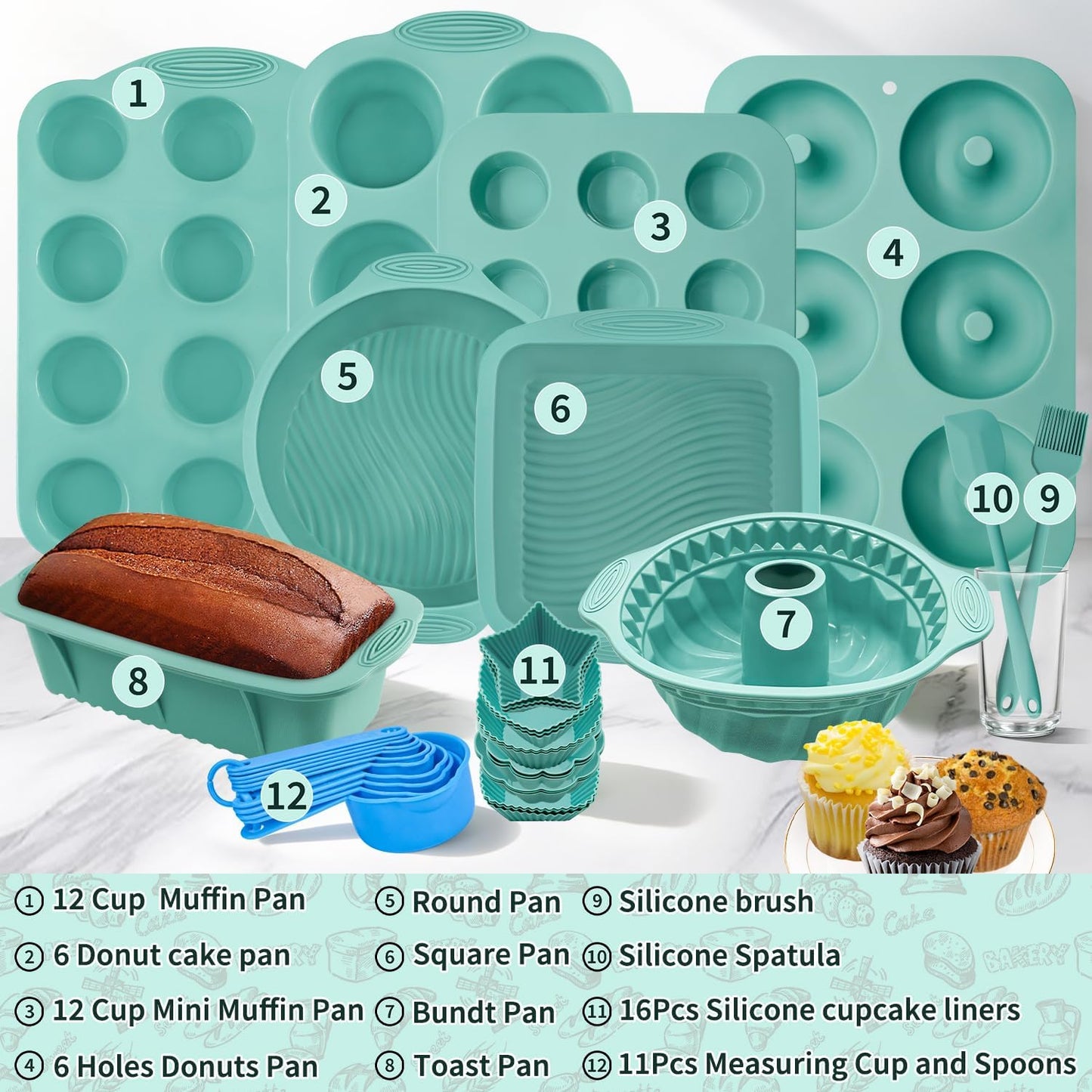 Skiennix Silicone Bakeware Set - 39 Nonstick Baking Pans with Cake, Muffin, and Donut Molds