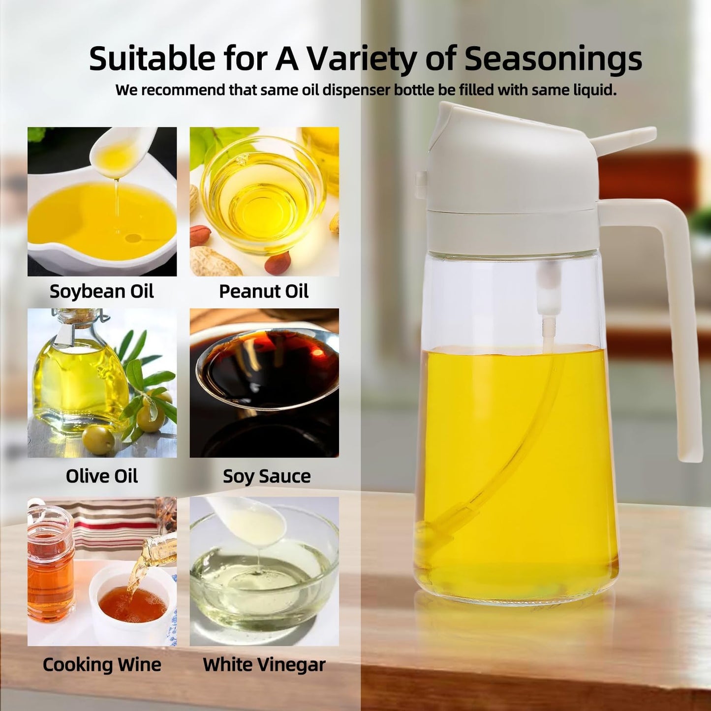 Aovdy 16oz/470ml Glass Olive Oil Sprayer for Cooking - 2 in 1 Olive Oil Dispenser Bottle Spray and Pour for Kitchen Gadgets Cooking Air Fryer Salad BBQ (White)