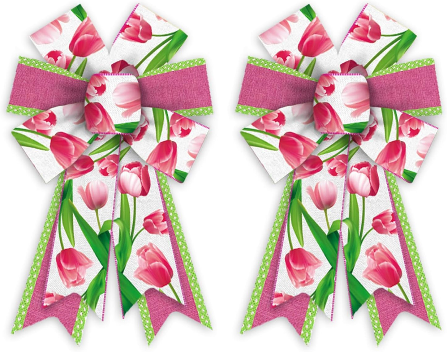 Threetols Floral Wreath Bows - 2 Pack Pink Tulip Decorative Bows for Indoor/Outdoor Home & Garden Decor