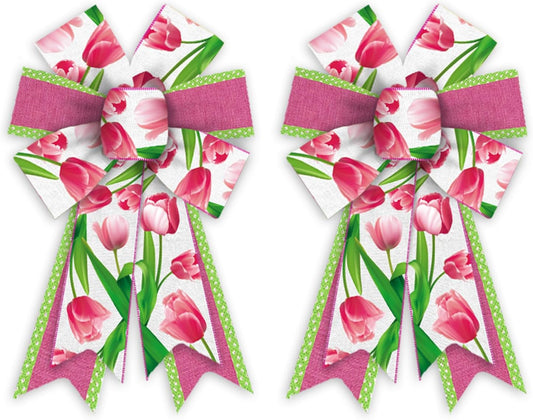 Threetols Floral Wreath Bows - 2 Pack Pink Tulip Decorative Bows for Indoor/Outdoor Home & Garden Decor
